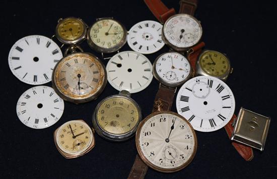 A small quantity of timepieces including a 9ct gold Benson wrist watch, a pocket watch and loose dials.